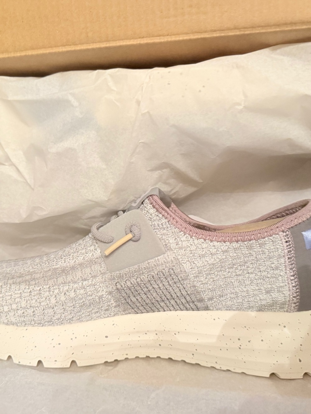 Hey Dude Knit Slip-On Sneakers in Light Gray and Blush Trim - Picture 10 of 11